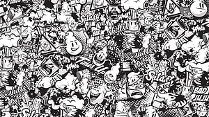 Black and White Ink Doodle Pattern with Cartoon Characters and Comic Elements HD wallpaper