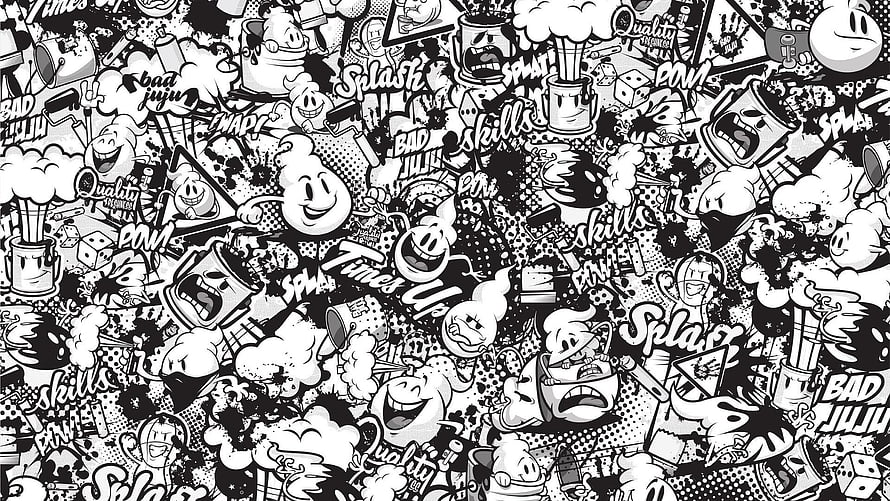 Black and White Ink Doodle Pattern with Cartoon Characters and Comic Elements HD wallpaper