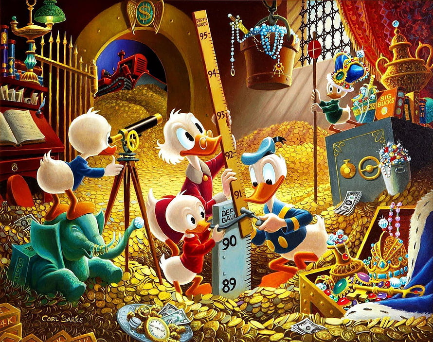 Scrooge McDuck and Nephews in the Money Bin with Treasure and Gold Coins HD wallpaper