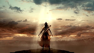 Lord Rama Silhouette Standing on Cliff with Bow and Arrows at Sunset HD wallpaper
