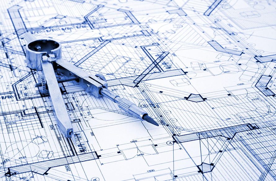 Metal Compass Resting on Detailed Architectural Blueprint with Technical Drawings and Measurements HD wallpaper