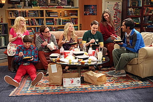 The Big Bang Theory Cast Sharing Takeout Dinner in Apartment Living Room HD wallpaper