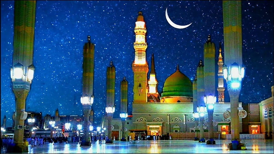 Illuminated Mosque with Green Dome and Minarets Under Starry Night Sky with Crescent Moon HD wallpaper