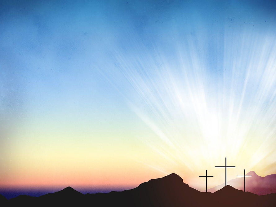 Three Crosses Silhouetted Against a Radiant Sunrise Over Mountain Peaks HD wallpaper