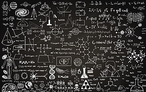 Hand-drawn science and math doodles on a black chalkboard background HD wallpaper