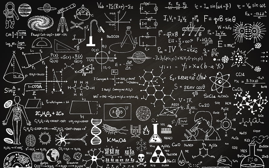 Hand-drawn science and math doodles on a black chalkboard background HD wallpaper