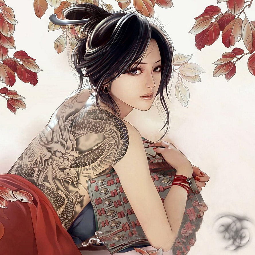 Anime Woman With Dragon Tattoo And Samurai Armor Under Autumn Leaves HD phone wallpaper