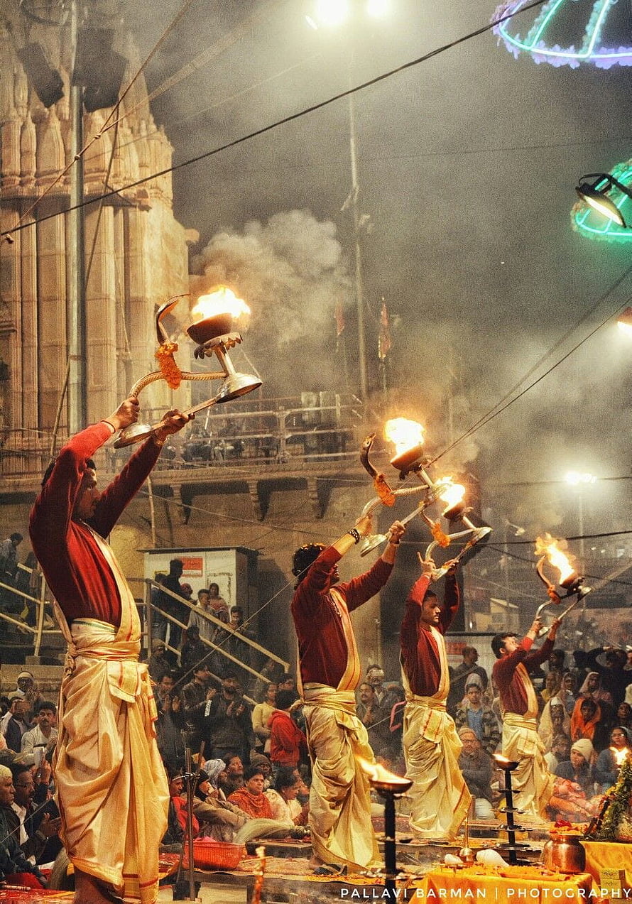 Ganga Aarti Ritual at Varanasi Ghat with Fire Lamps and Temple Architecture HD phone wallpaper