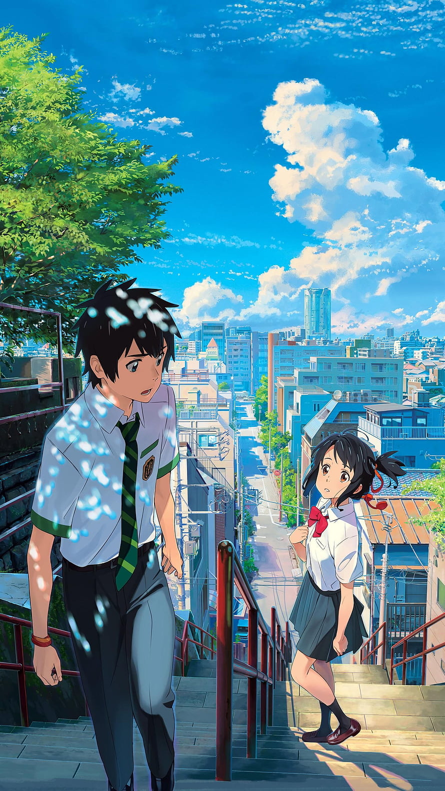 Taki and Mitsuha on a Sunny Hillside in Your Name Anime Illustration HD phone wallpaper