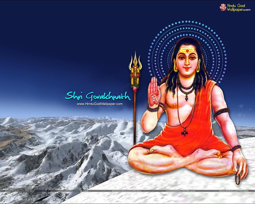 Gorakhnath Meditating in Snowy Mountains with Trishul and Sacred Aura HD wallpaper