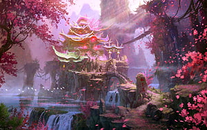 Mystical Asian Temple Amidst Cherry Blossoms and Waterfalls in a Fantasy Landscape HD wallpaper