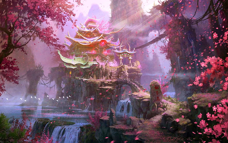 Mystical Asian Temple Amidst Cherry Blossoms and Waterfalls in a Fantasy Landscape HD wallpaper