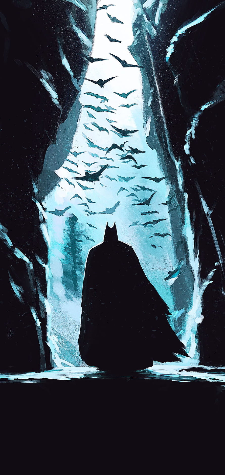 Batman Silhouette in Dark Cave with Flock of Bats Flying Through Pale Blue Light HD phone wallpaper