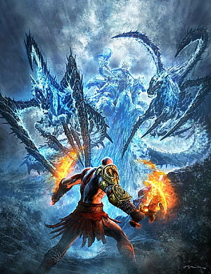 Kratos Confronting a Massive Ice Dragon in Epic God of War Fantasy Artwork HD phone wallpaper