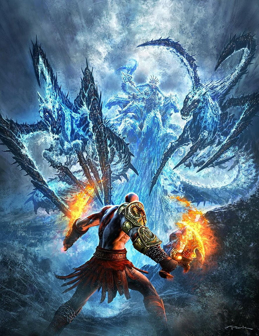 Kratos Confronting a Massive Ice Dragon in Epic God of War Fantasy Artwork HD phone wallpaper