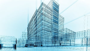 Modern High-Rise Building Wireframe Blueprint with Structural Engineering Grid Lines HD wallpaper
