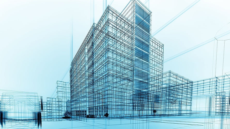 Modern High-Rise Building Wireframe Blueprint with Structural Engineering Grid Lines HD wallpaper