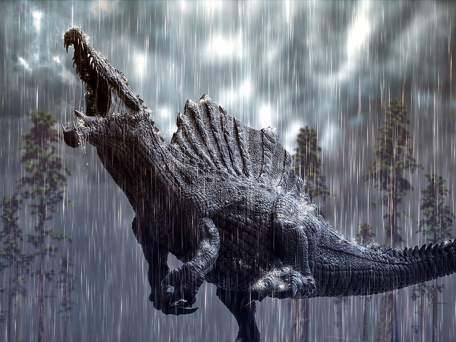 Spinosaurus roaring in heavy rain with dark forest backdrop HD wallpaper