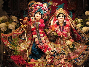 Radha Krishna Temple Deities Adorned in Vibrant Flowers and Ornate Garments HD wallpaper