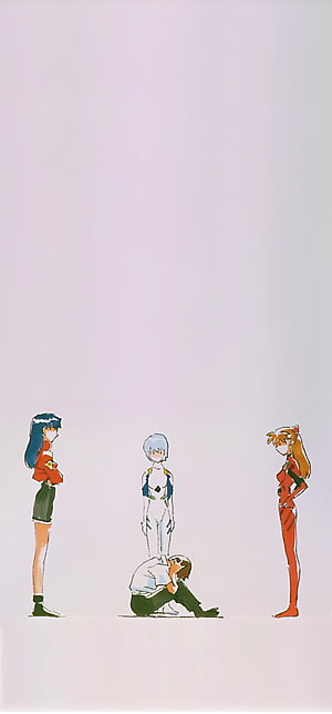 Evangelion Character Lineup with Shinji, Rei, Asuka, and Misato in Minimalist Anime Style HD phone wallpaper