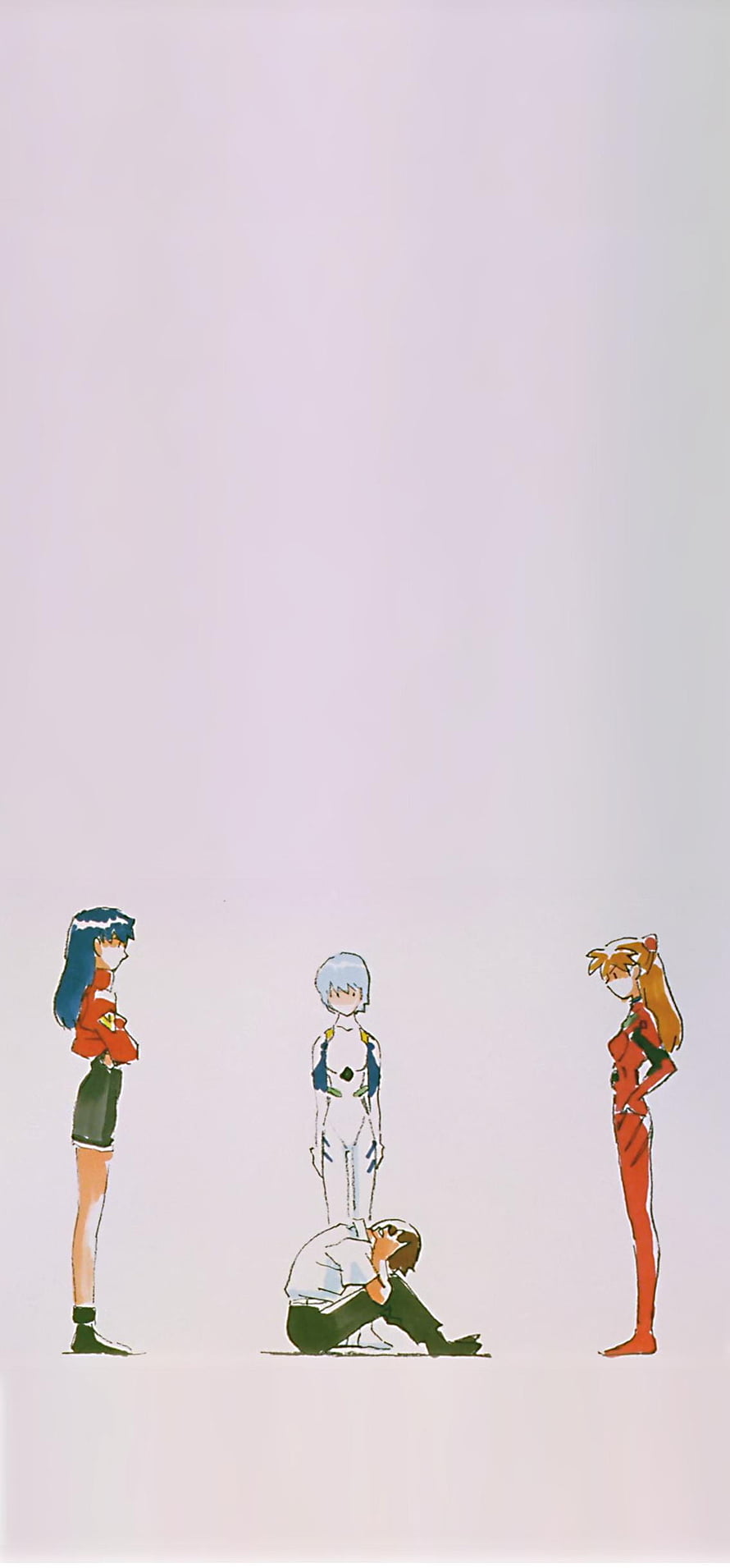 Evangelion Character Lineup with Shinji, Rei, Asuka, and Misato in Minimalist Anime Style HD phone wallpaper