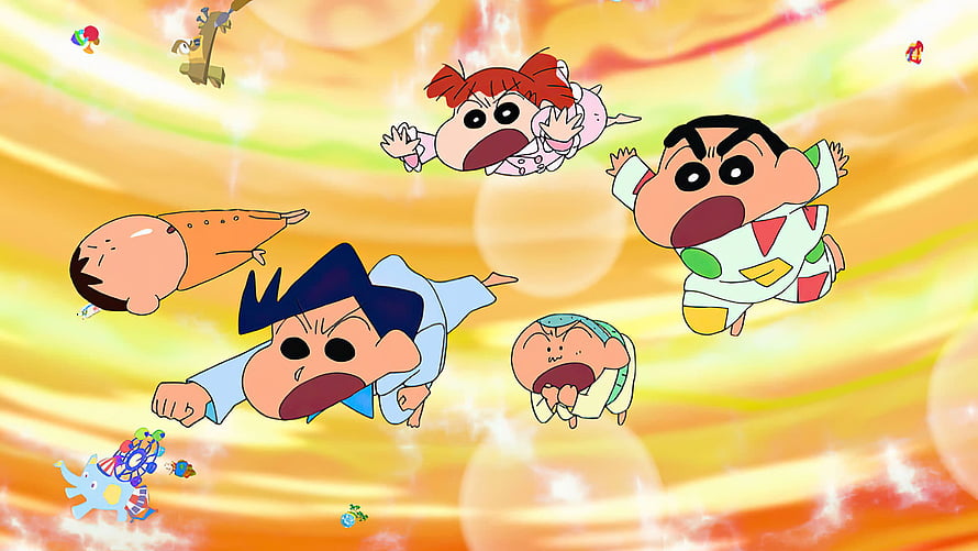 Crayon Shin-chan and Friends Floating in a Vibrant Swirling Energy Vortex HD wallpaper