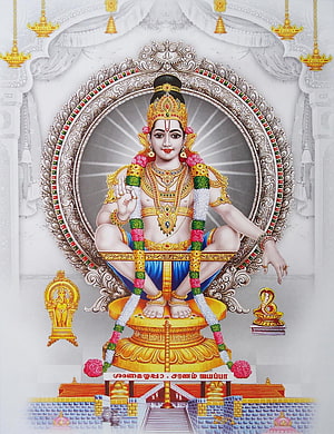 Ayyappan deity seated on golden throne with ornate temple architecture and floral garlands HD phone wallpaper