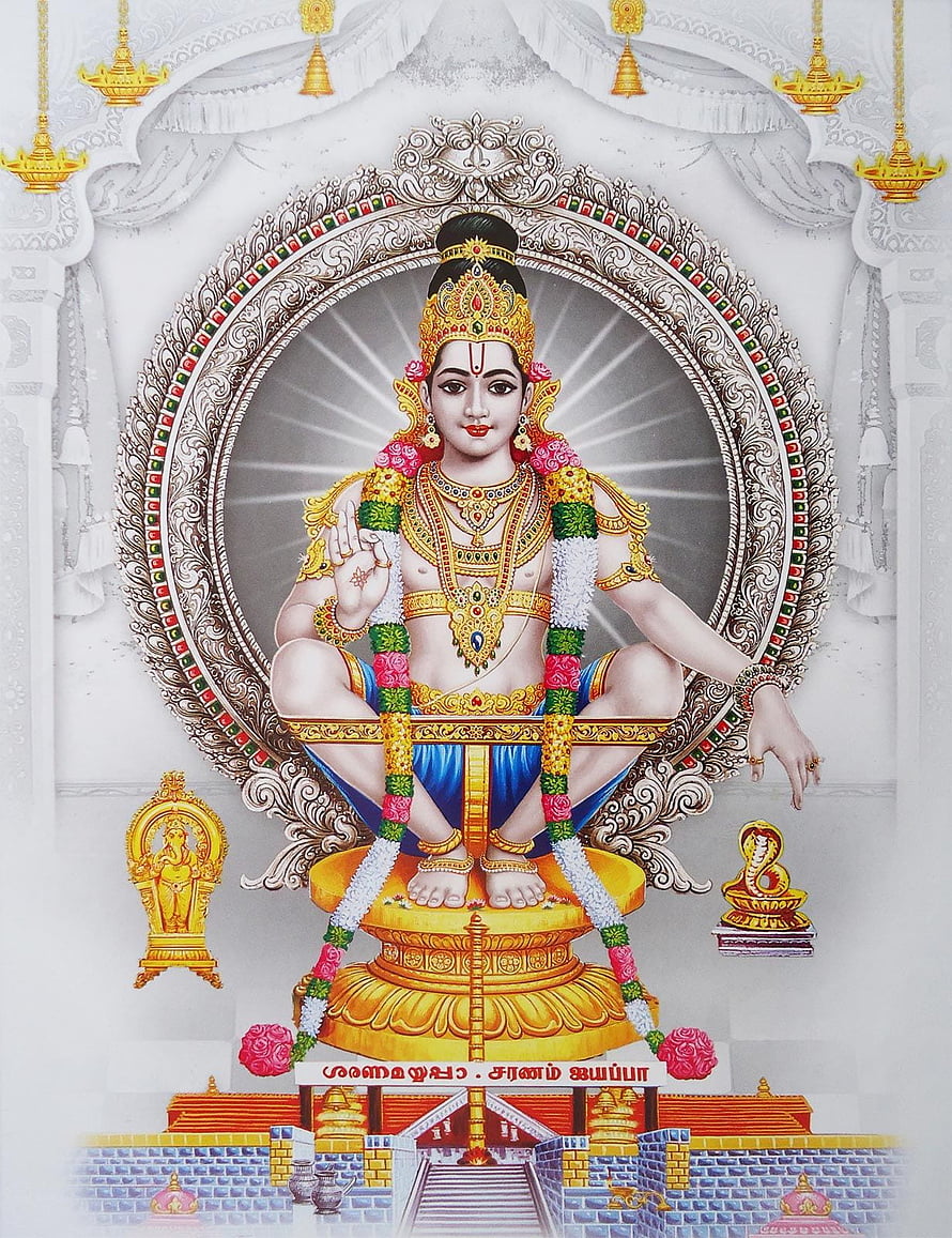 Ayyappan deity seated on golden throne with ornate temple architecture and floral garlands HD phone wallpaper