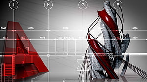 Architectural Blueprint Design with Red 3D Structures and Technical Dimension Lines HD wallpaper