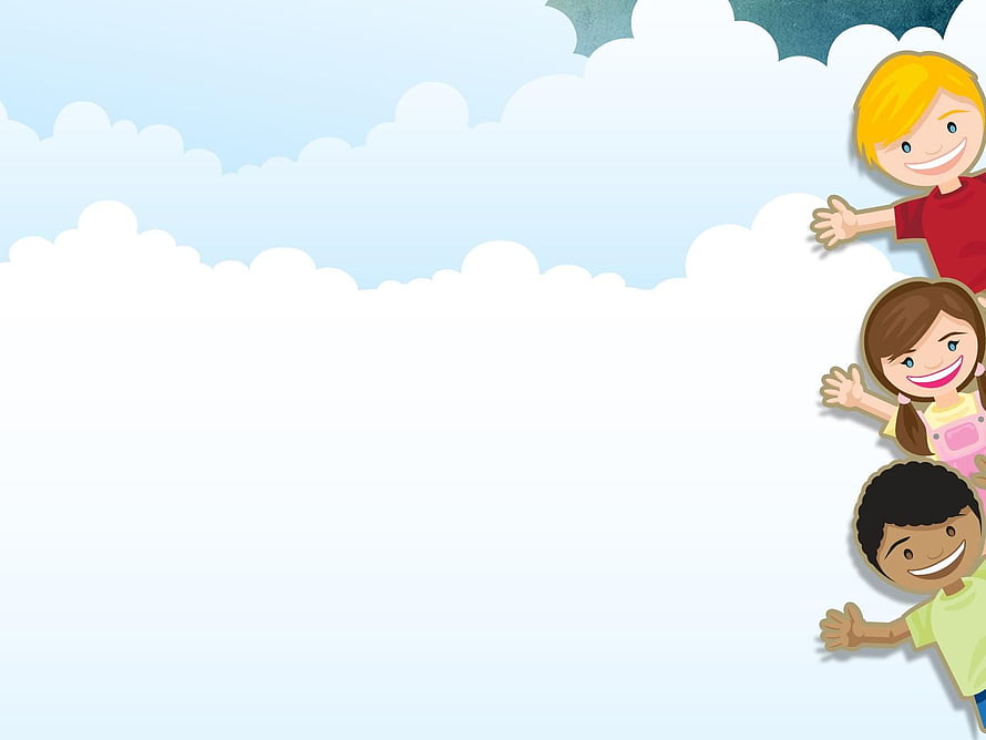 Cheerful cartoon children waving from the side against a bright blue sky with fluffy white clouds HD wallpaper