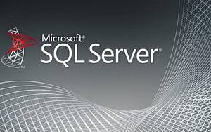 Microsoft SQL Server Logo with Abstract Wireframe Grid on Dark Gray Background HD wallpaper