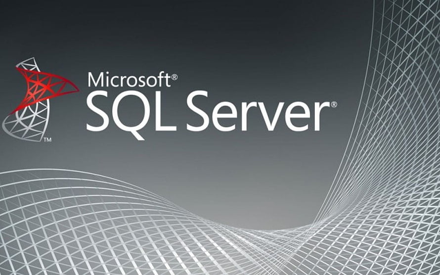 Microsoft SQL Server Logo with Abstract Wireframe Grid on Dark Gray Background HD wallpaper