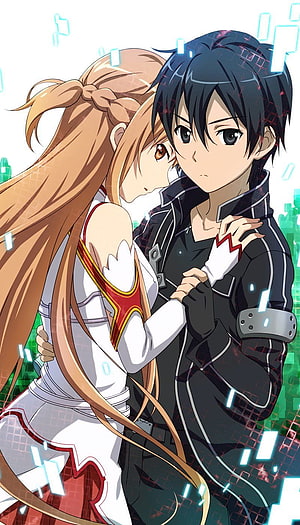 Sword Art Online Kirito and Asuna Embracing in Digital Grid Landscape HD phone wallpaper