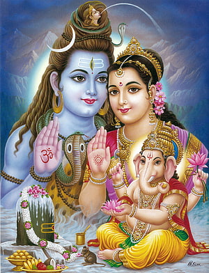 Lord Shiva, Goddess Parvati, and Ganesha in a Sacred Himalayan Setting HD phone wallpaper