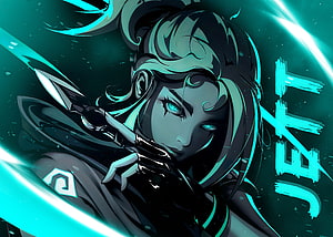 Jett from Valorant in a dynamic teal and black digital art portrait with glowing energy effects HD wallpaper