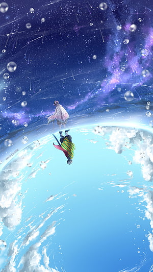 Giyuu and Shinobu Floating Above Earth in a Cosmic Starry Sky HD phone wallpaper