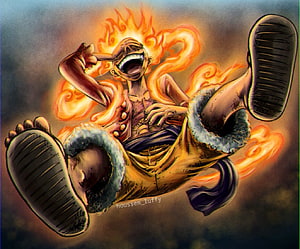 Monkey D. Luffy Gear 5 Sun God Nika Form with Flame Aura and Dynamic Pose HD wallpaper