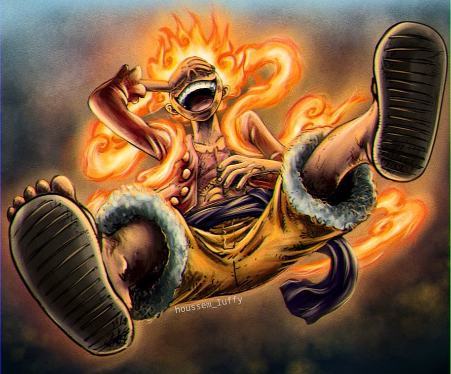Monkey D. Luffy Gear 5 Sun God Nika Form with Flame Aura and Dynamic Pose HD wallpaper