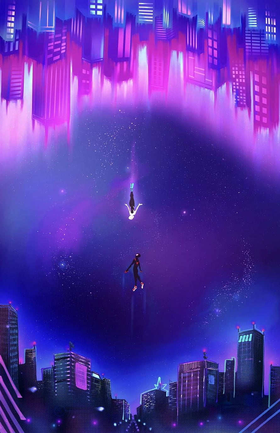 Miles Morales and Gwen Stacy Floating in a Neon Cyberpunk Cityscape HD phone wallpaper