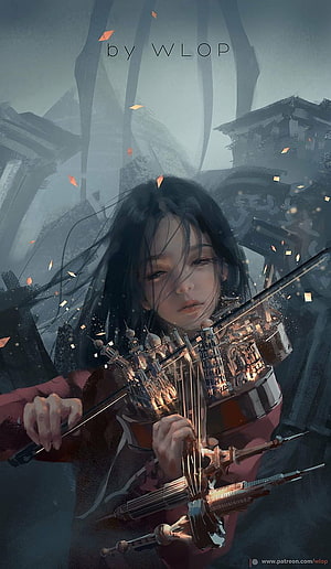 WLOP Digital Art: Young Woman Playing a Mechanical Violin in a Misty Ruined City HD phone wallpaper