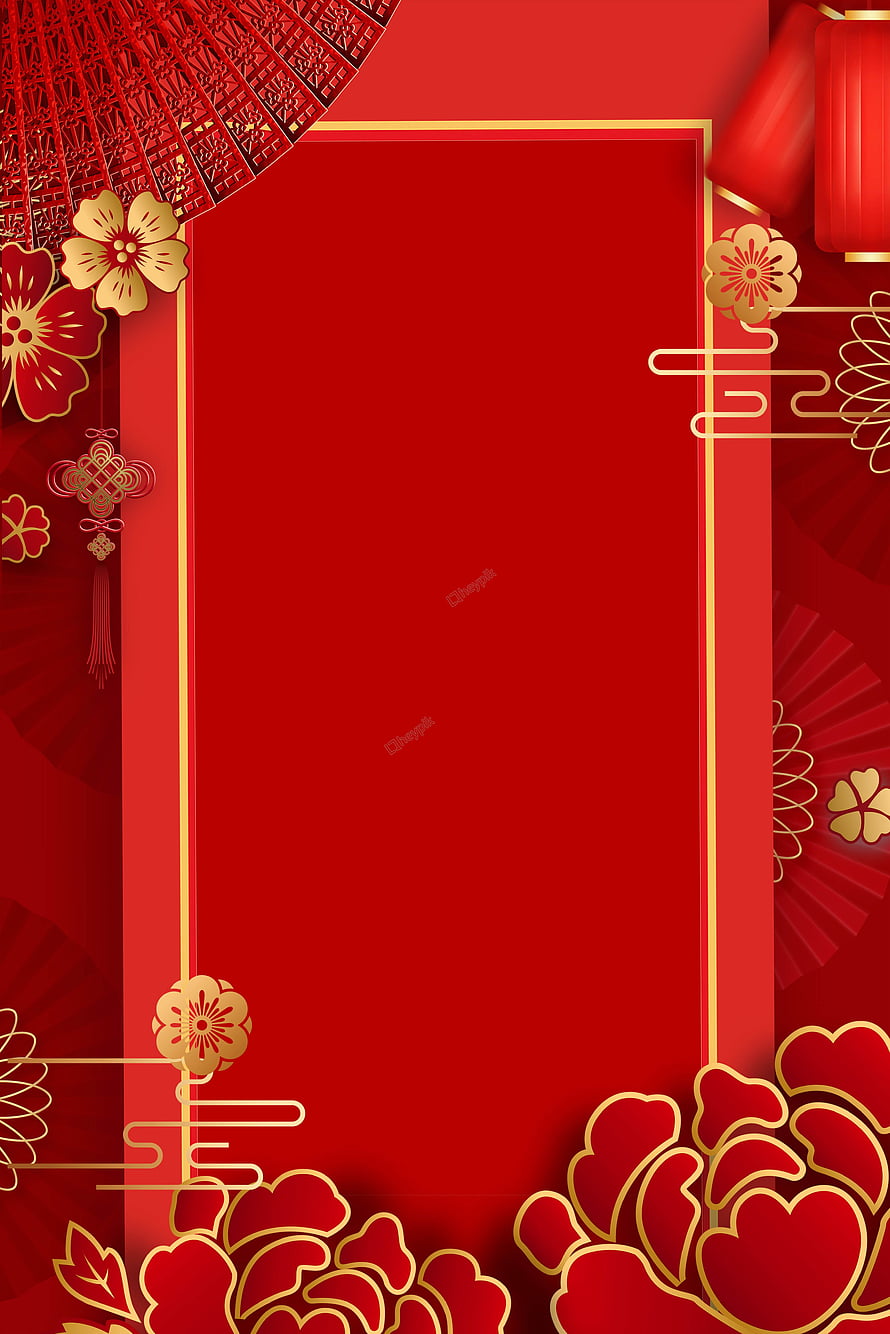 Chinese New Year Red and Gold Festive Frame with Lanterns and Flowers HD phone wallpaper