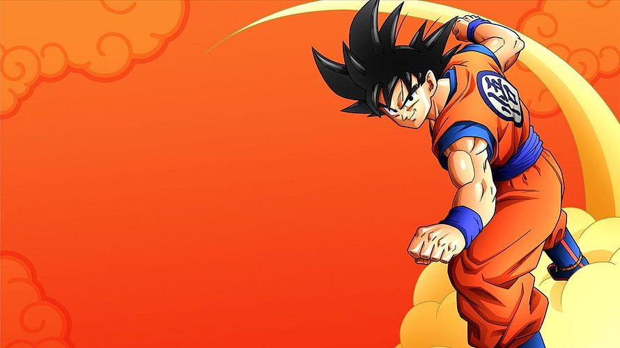 Goku in Orange Gi on Flying Cloud Against Vibrant Orange Sky HD wallpaper