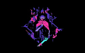 Cyberpunk Masked Figure in Neon Pink and Purple Glitch Art Style HD wallpaper