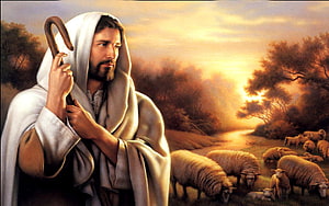 Jesus Christ as the Good Shepherd with Flock at Golden Sunset HD wallpaper