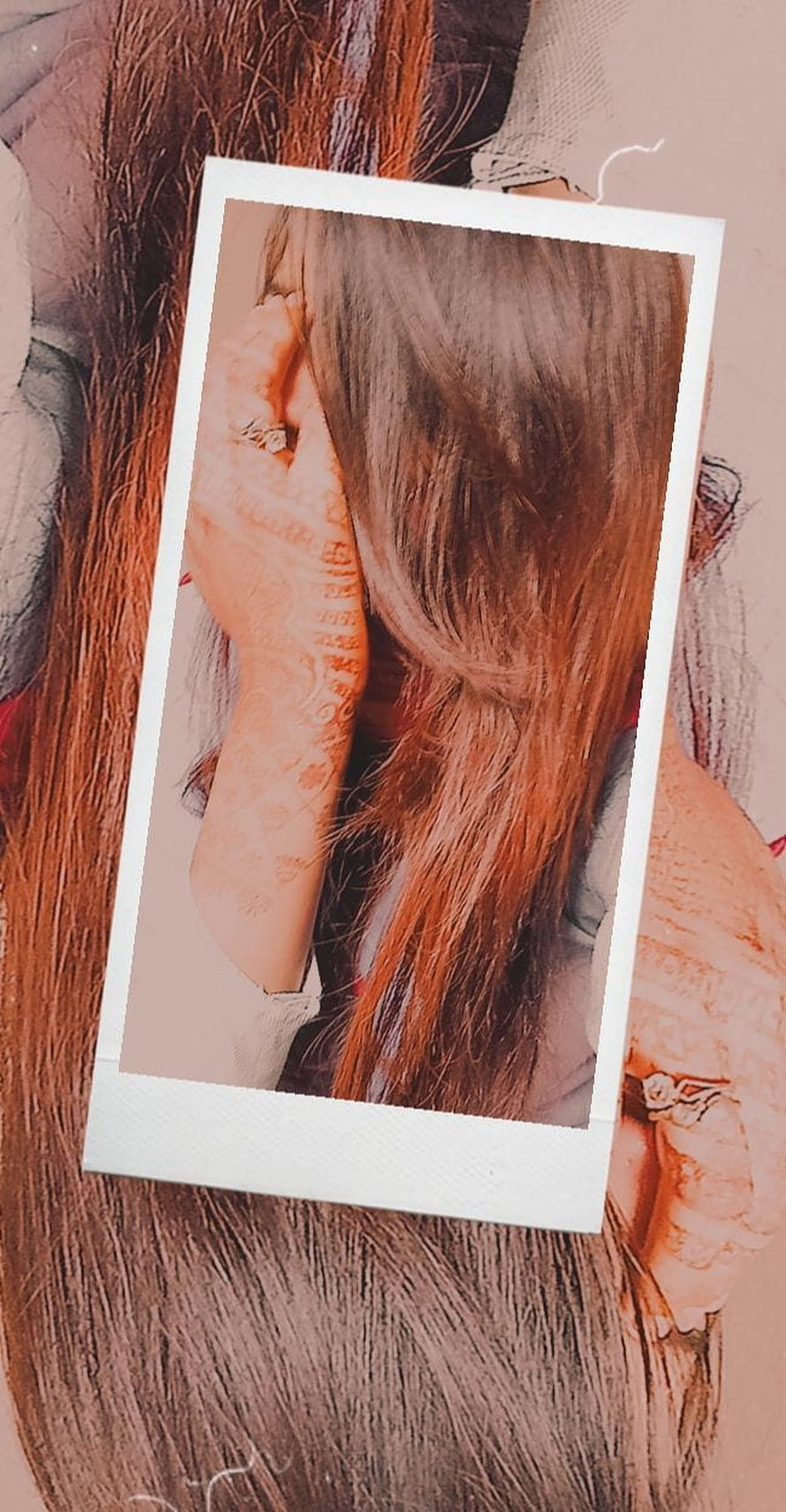 Polaroid photo of a woman with long hair and henna-adorned hand covering her face, Hidden face dp, girls hidden dp HD phone wallpaper