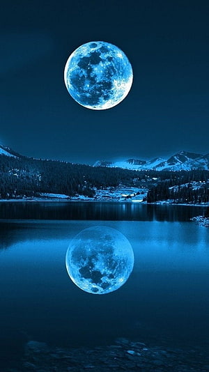 Full Moon Reflected in a Serene Mountain Lake at Night HD phone wallpaper