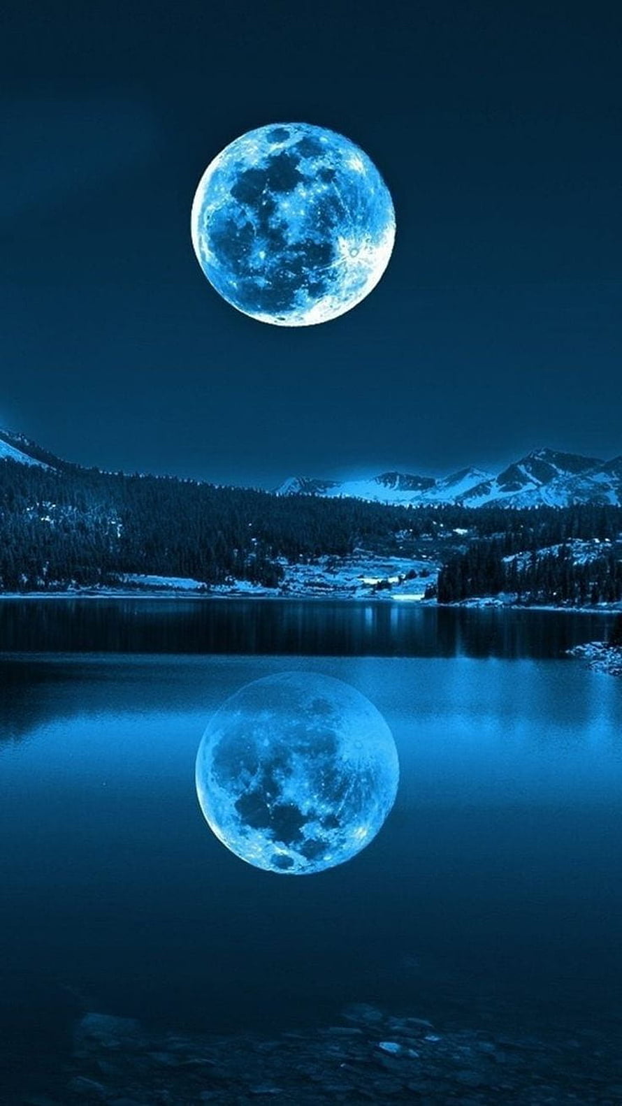 Full Moon Reflected in a Serene Mountain Lake at Night HD phone wallpaper