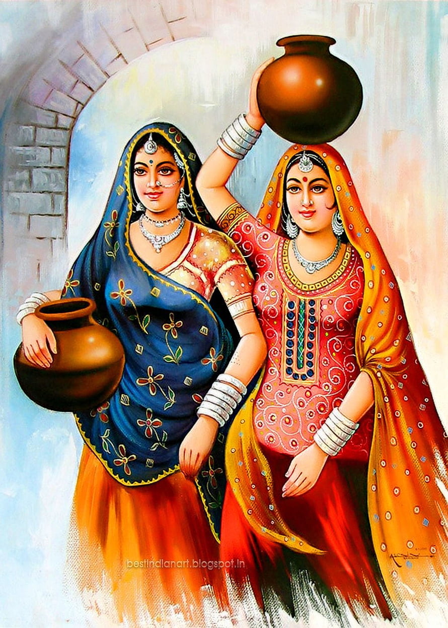 Indian Village Women Carrying Water Pots in Traditional Sarees HD phone wallpaper
