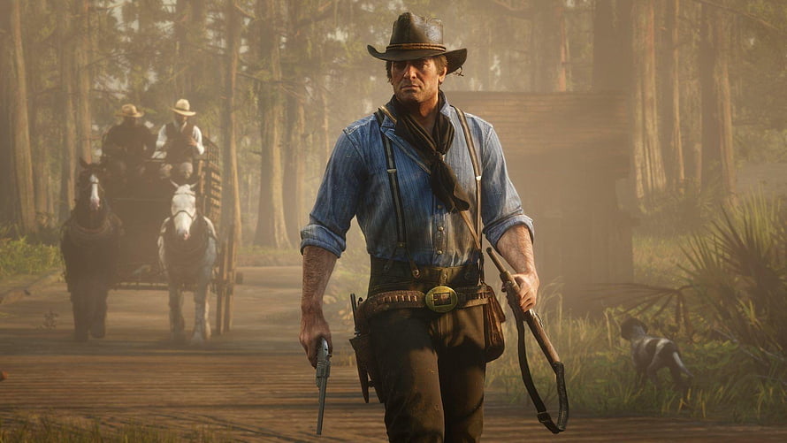Arthur Morgan Walking Through Misty Swamp With Horse-Drawn Wagon in Red Dead Redemption 2 HD wallpaper
