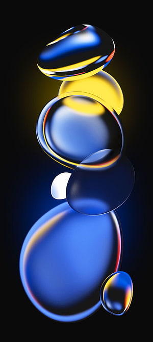 Abstract 3D Glass Spheres with Blue and Yellow Reflections on Black Background HD phone wallpaper